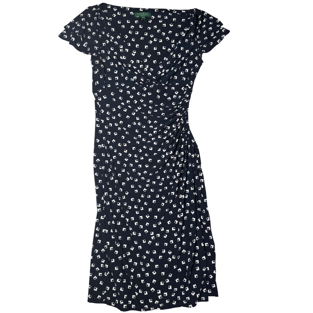 Lauren Ralph Lauren Navy Blue White Geometric Faux Wrap Ruched Sheath Dress‎ 6
